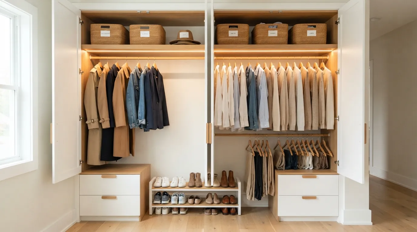 Small Reach-In Closet Layout: Rod Heights, Shelves and Double Hang - Read More Decor Copilot Real Estate Design Ideas