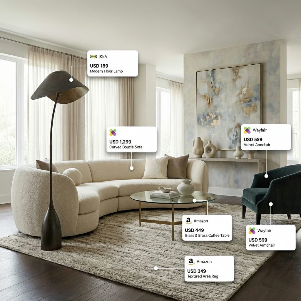 Living room with furniture identified and matched to products from IKEA, Wayfair and Amazon